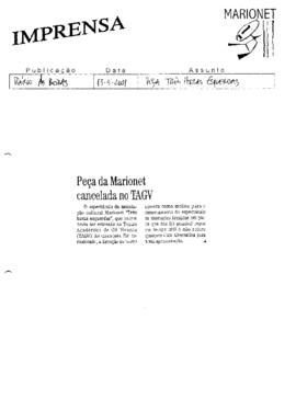 Diário As Beiras: Peça da Marionet cancelada no TAGV